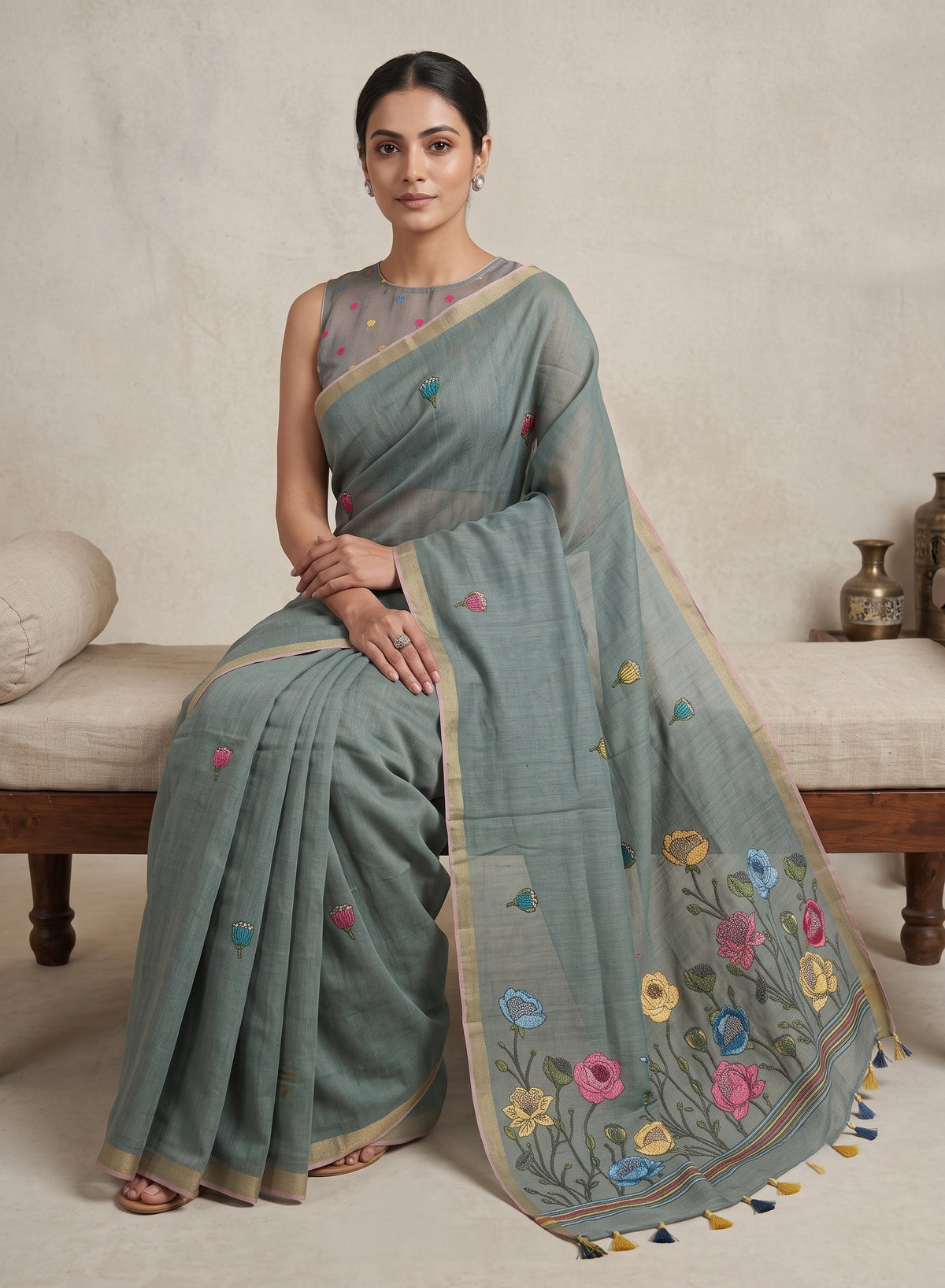 Blue Linen Cotton Saree – Floral Embroidered Pallu with Tassel Border