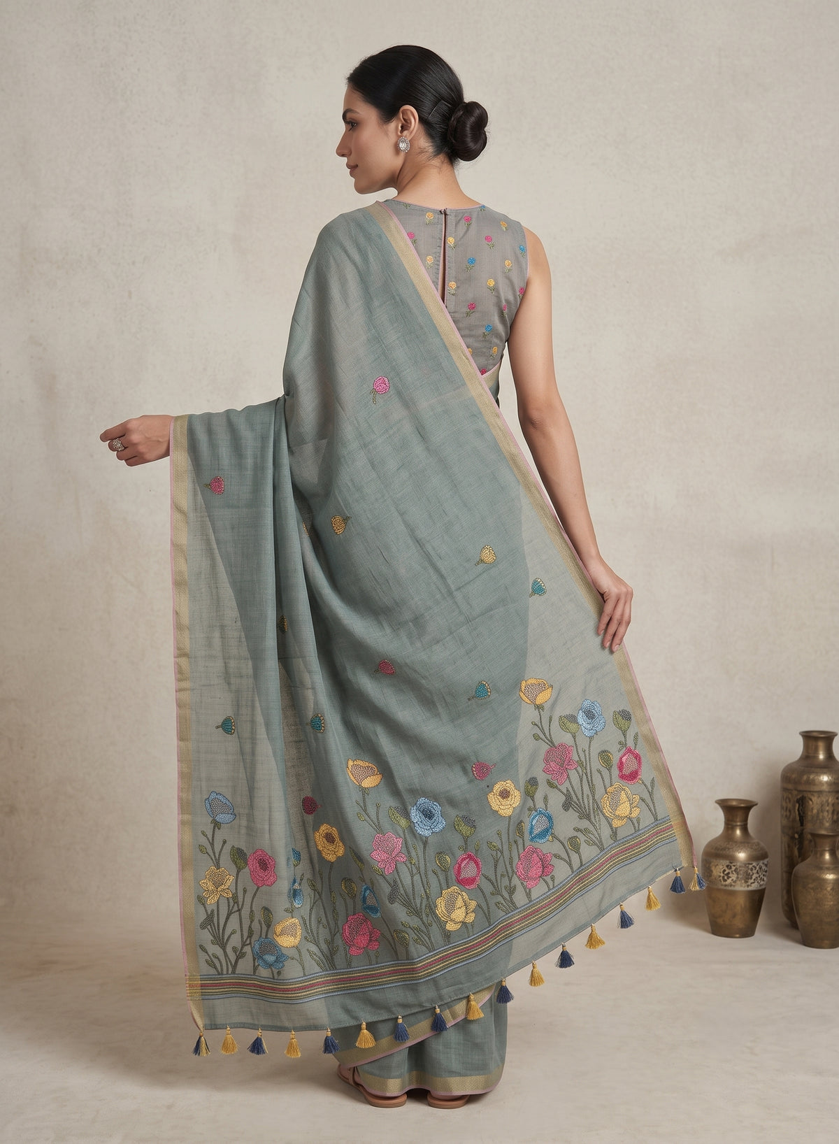 Blue Linen Cotton Saree – Floral Embroidered Pallu with Tassel Border