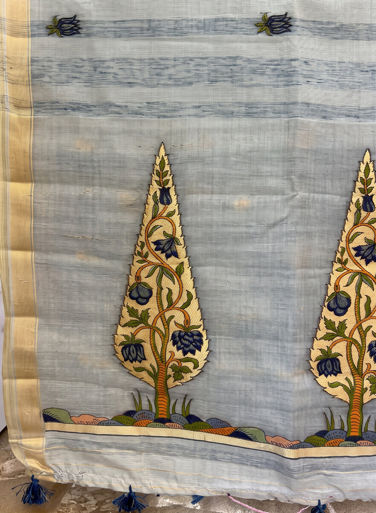 Blue Linen Cotton Saree with sarv Motif Pallu