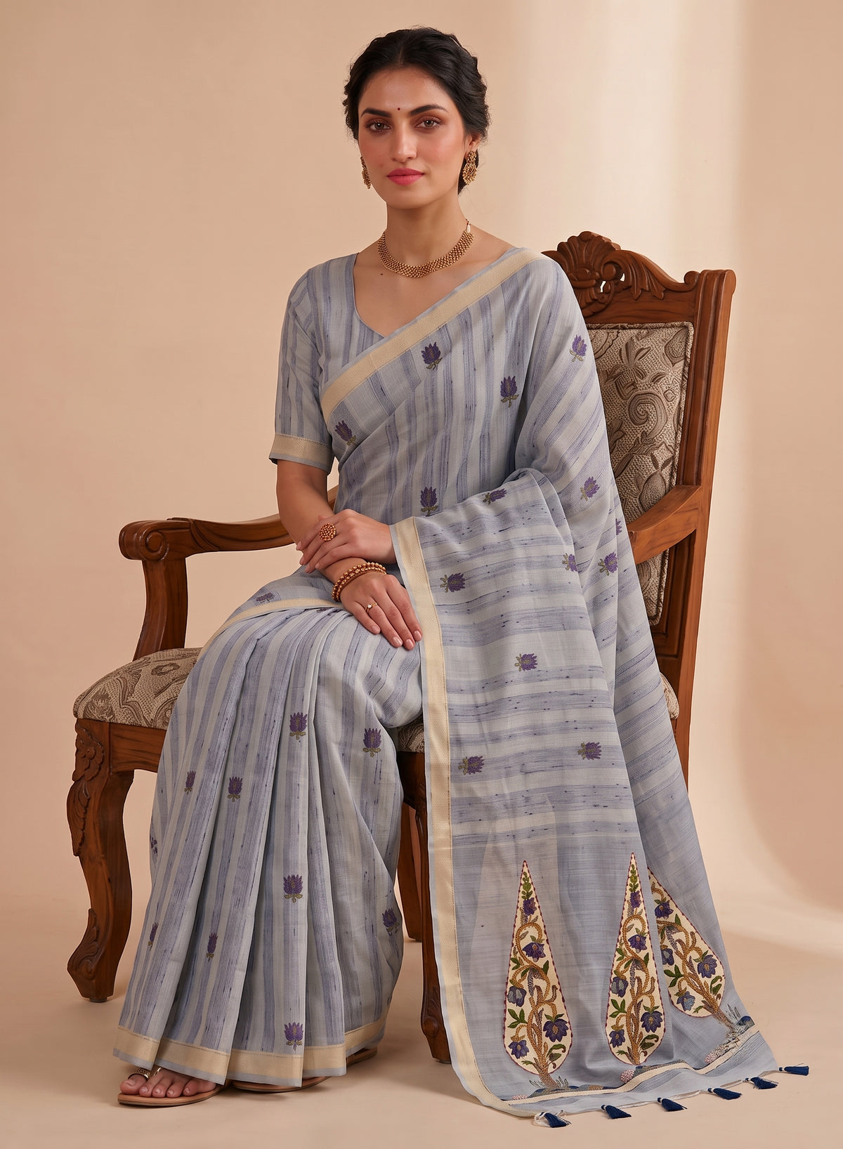 Blue Linen Cotton Saree with sarv Motif Pallu