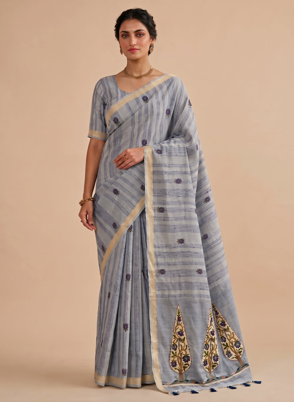 Blue Linen Cotton Saree with sarv Motif Pallu