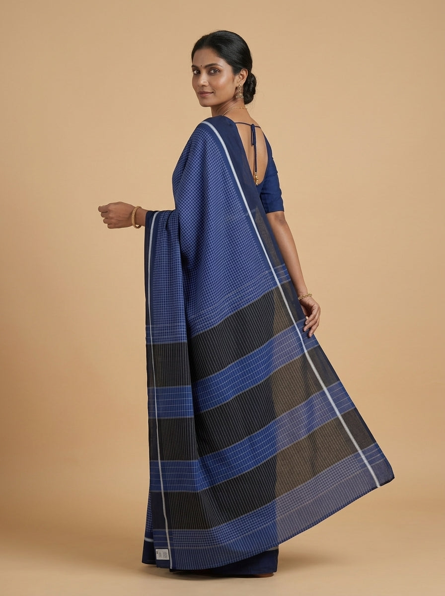 Blue Patteda Anchu Handloom Cotton Saree – Navy Checks with Striped Pallu
