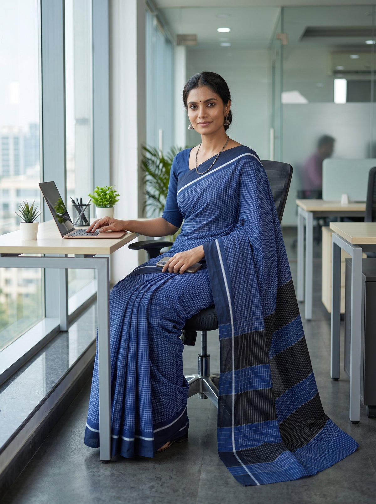 Blue Patteda Anchu Handloom Cotton Saree – Navy Checks with Striped Pallu