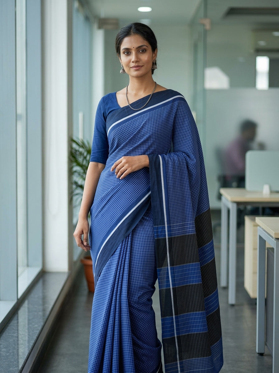 Blue Patteda Anchu Handloom Cotton Saree – Navy Checks with Striped Pallu