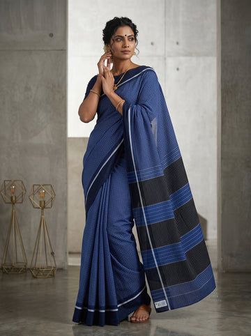 Blue Patteda Anchu Handloom Cotton Saree – Navy Checks with Striped Pallu