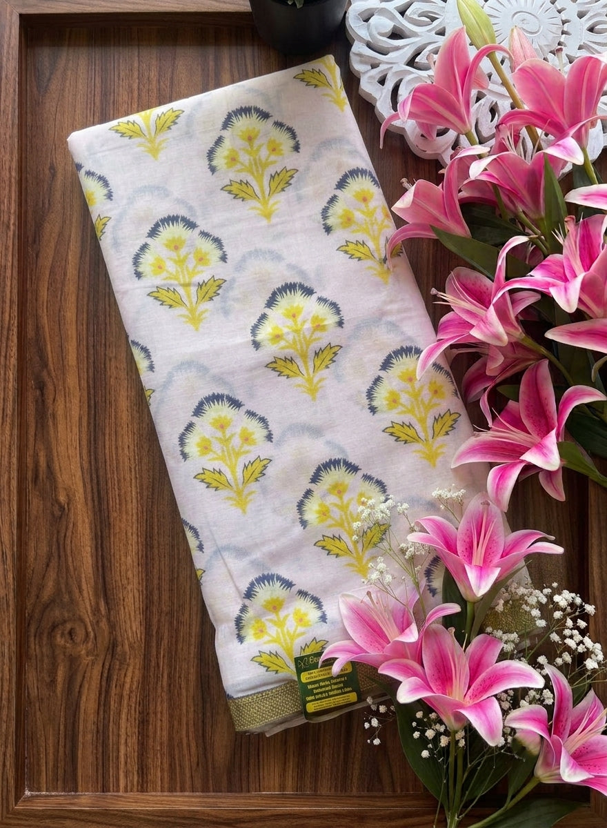 Blush Pink Butter Cotton Saree with Yellow Floral Buttas