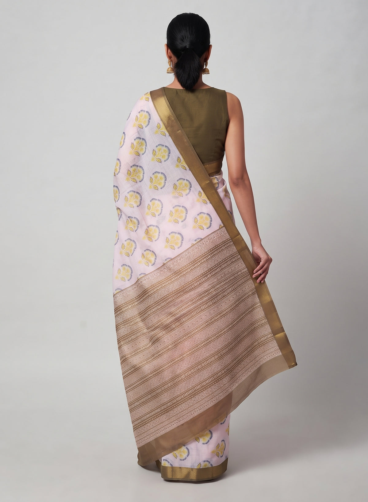 Blush Pink Butter Cotton Saree with Yellow Floral Buttas