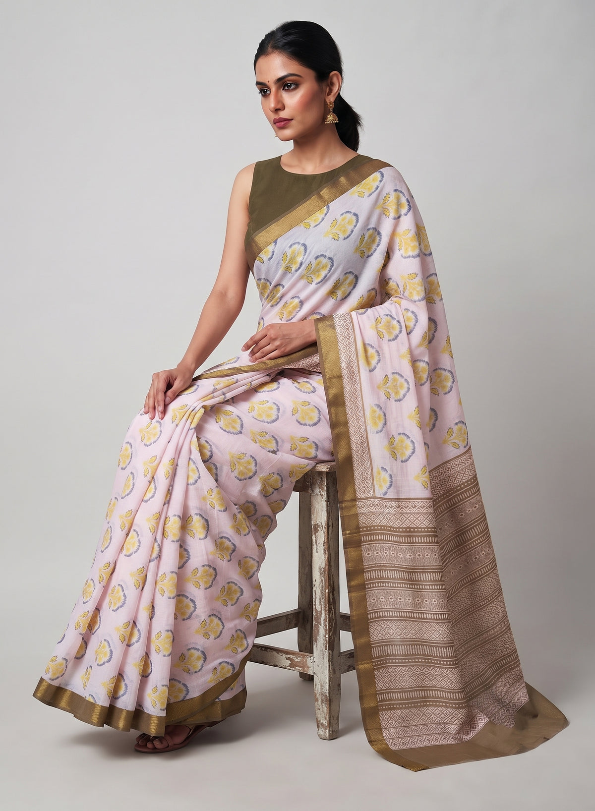 Blush Pink Butter Cotton Saree with Yellow Floral Buttas