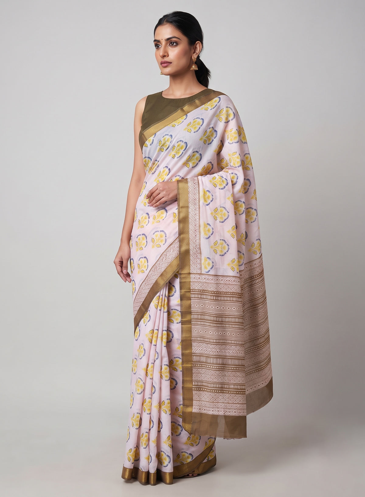 Blush Pink Butter Cotton Saree with Yellow Floral Buttas