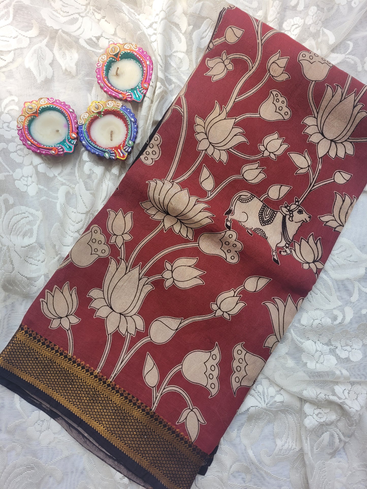 Kalamkari Nizam Border Brick Red Floral Printed Saree