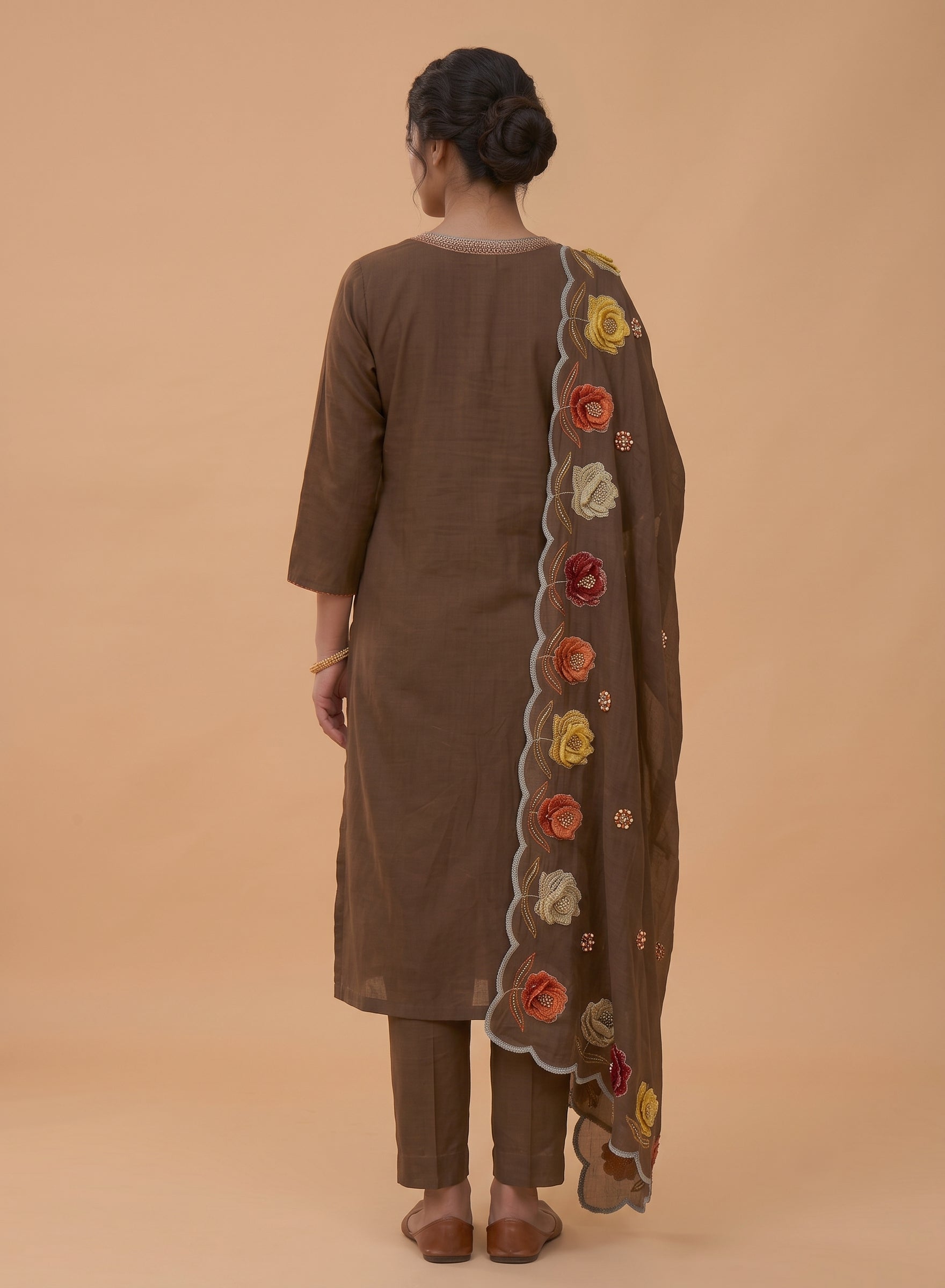 Brown Embroidery Cotton Suit with Dupatta-Set of 3