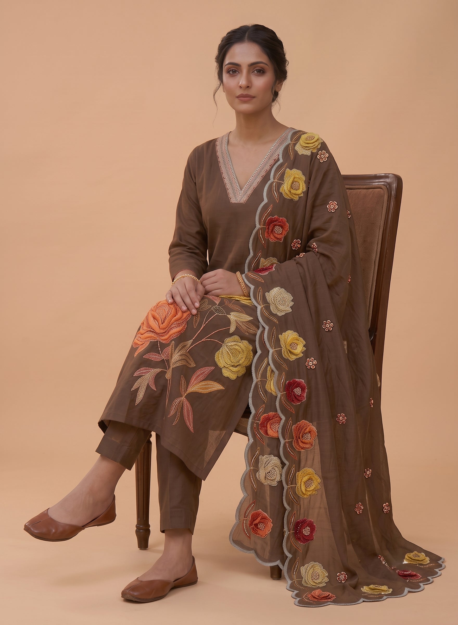 Brown Embroidery Cotton Suit with Dupatta-Set of 3