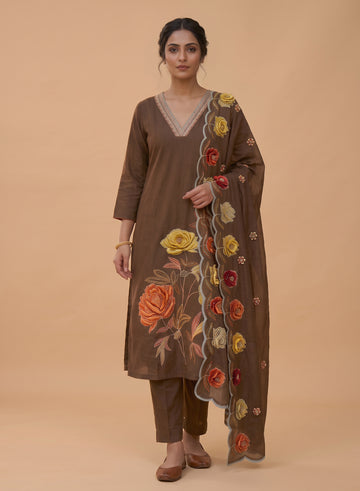 Brown Embroidery Cotton Suit with Dupatta-Set of 3