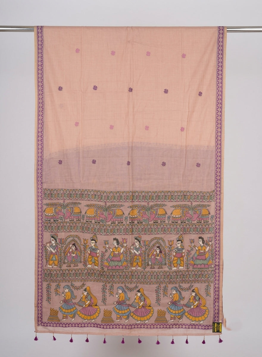 Champai Beige Madhubani Woven Linen Cotton Saree