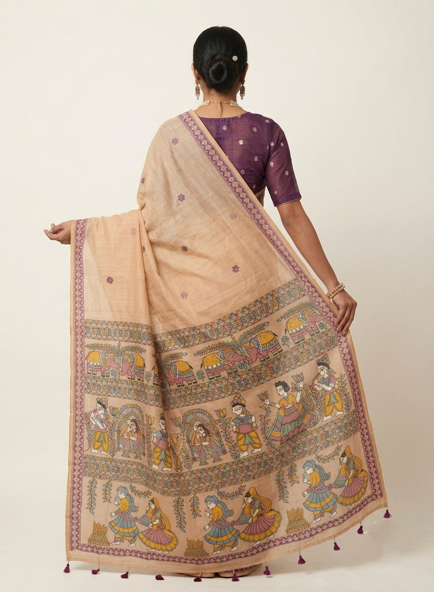 Champai Beige Madhubani Woven Linen Cotton Saree