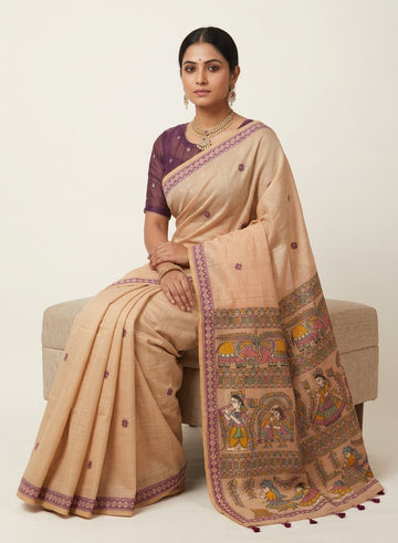 Champai Beige Madhubani Woven Linen Cotton Saree
