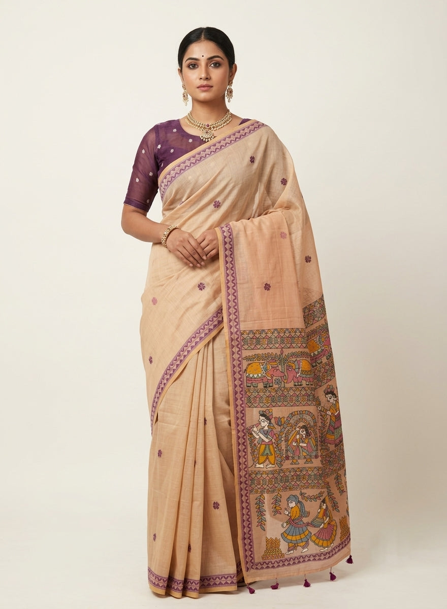 Champai Beige Madhubani Woven Linen Cotton Saree