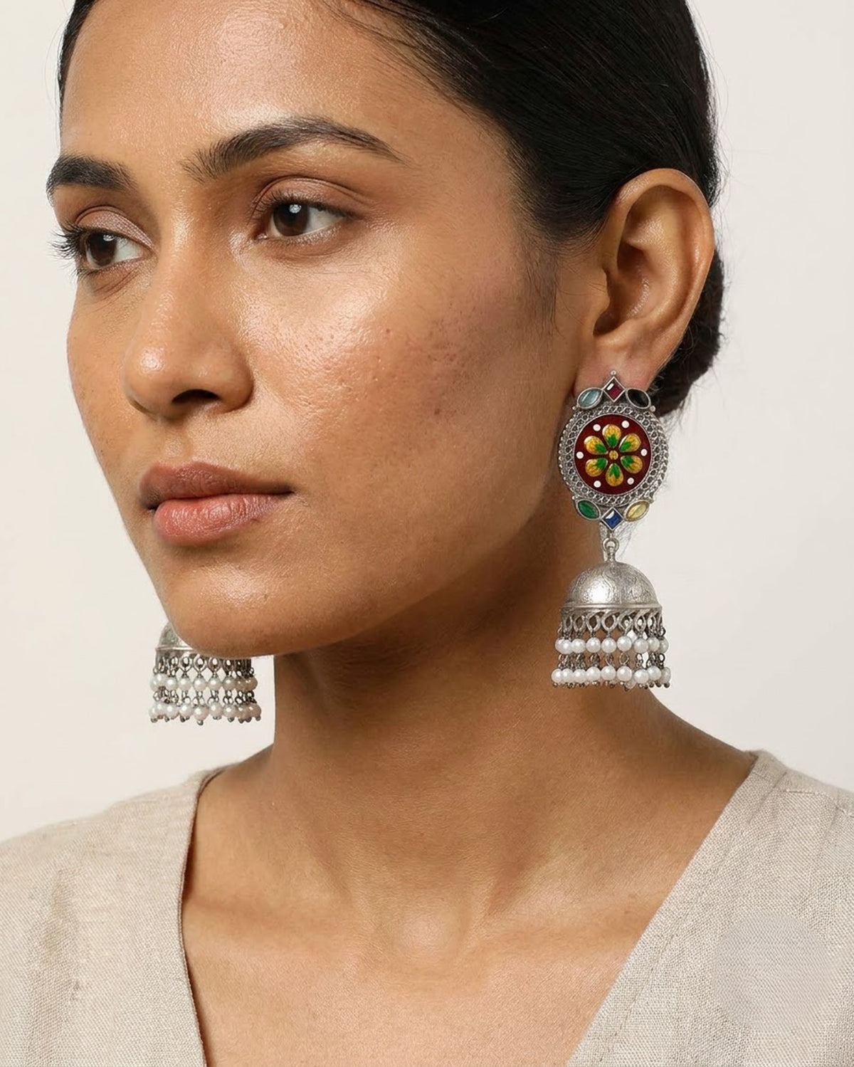 Chandani Meenakari Hand Painted Jhumka Earrings - Big
