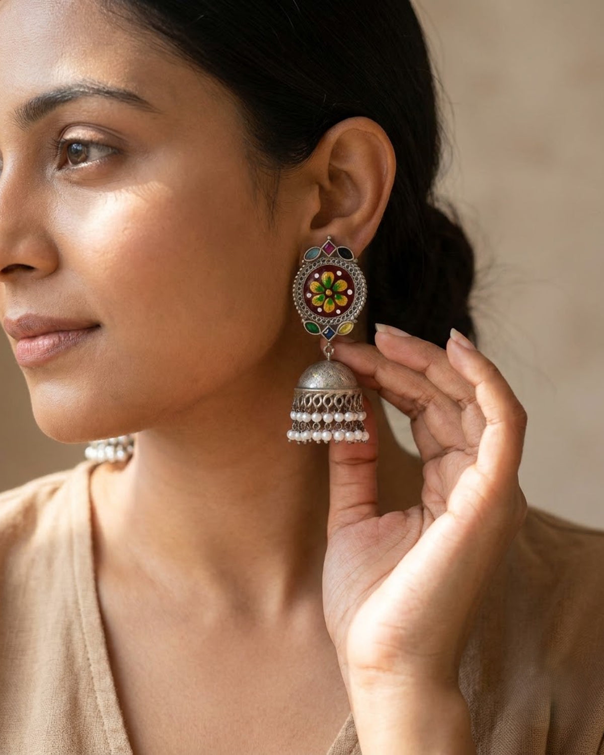 Chandani Meenakari Hand Painted Jhumka Earrings - Big