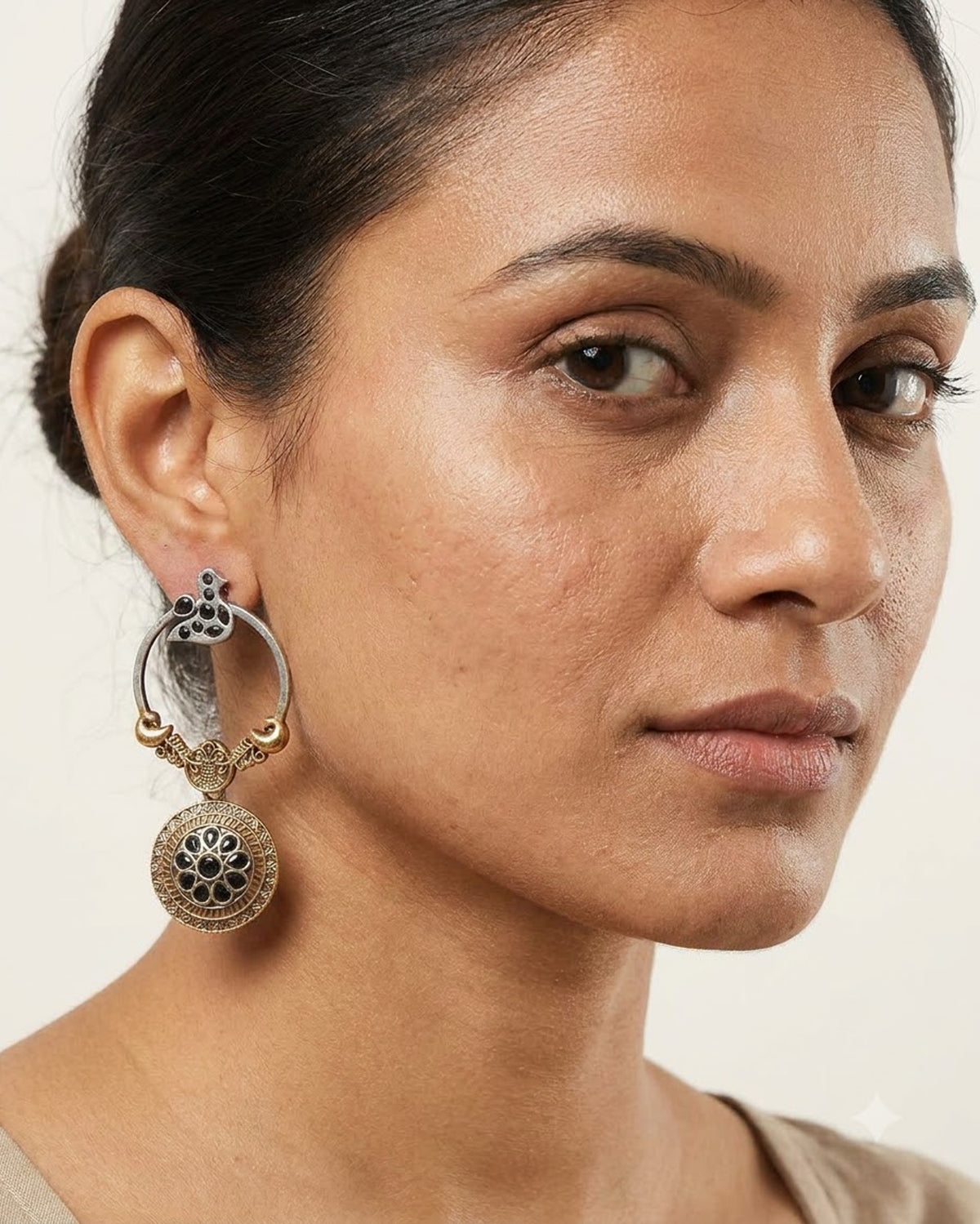 Chidiya Oxidized Dual-Tone Bird Hoop Earrings with Medallion Drop