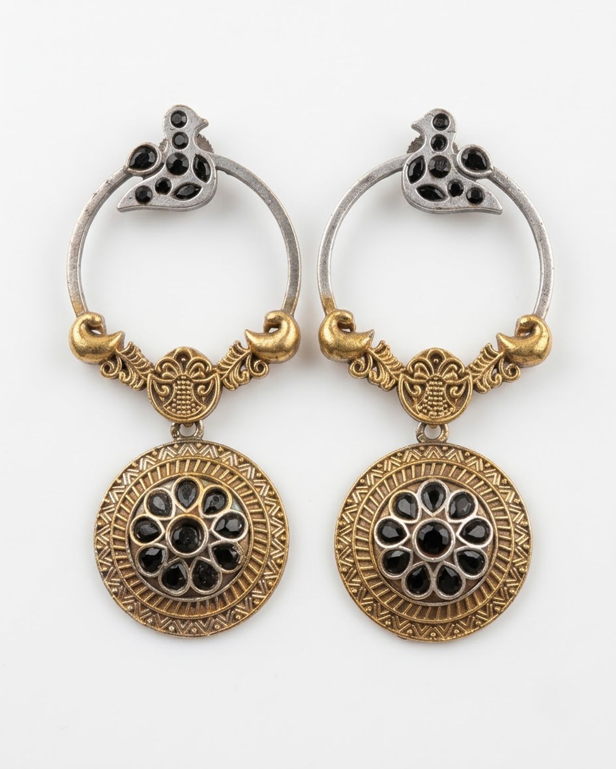 Chidiya Oxidized Dual-Tone Bird Hoop Earrings with Medallion Drop