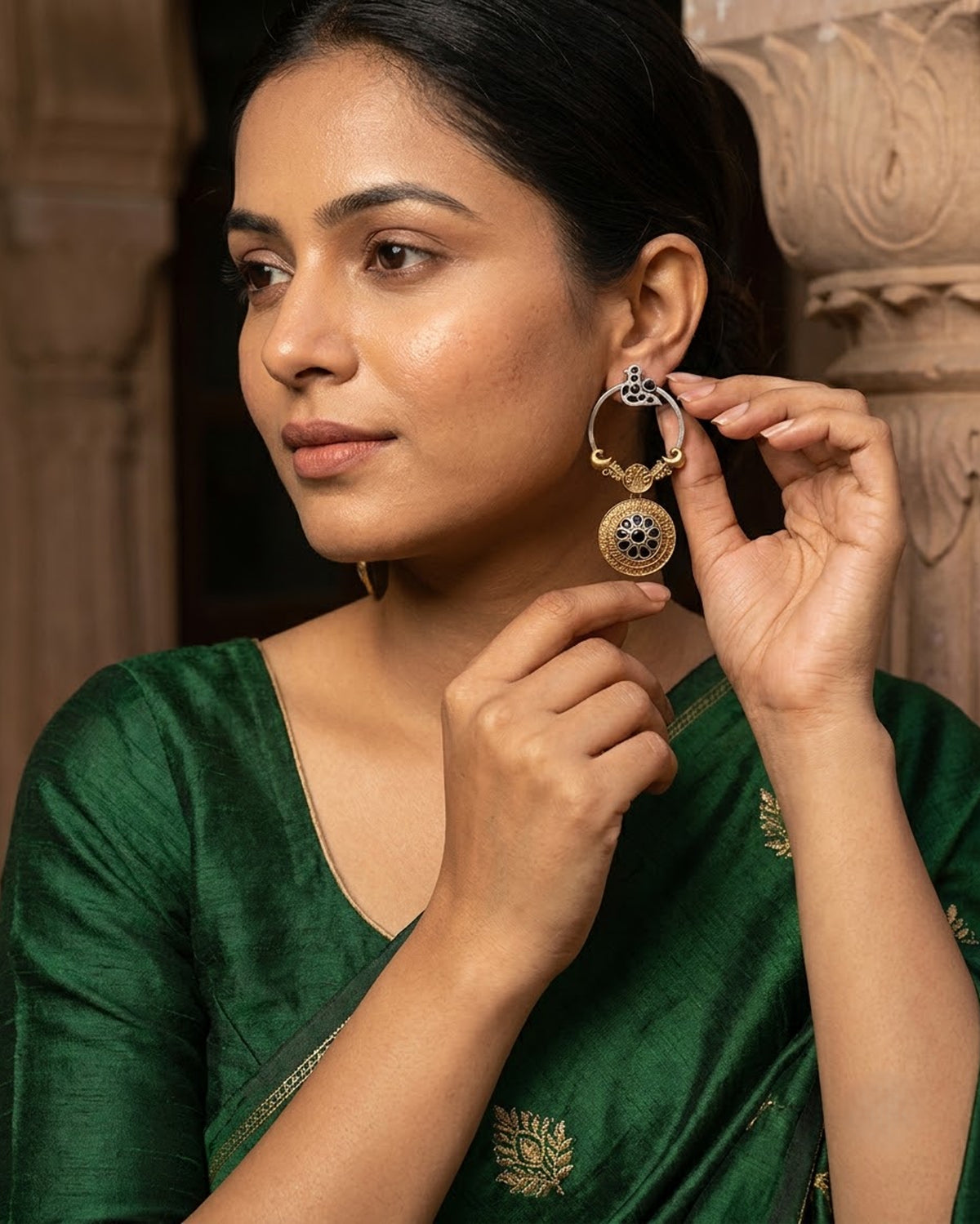 Chidiya Oxidized Dual-Tone Bird Hoop Earrings with Medallion Drop