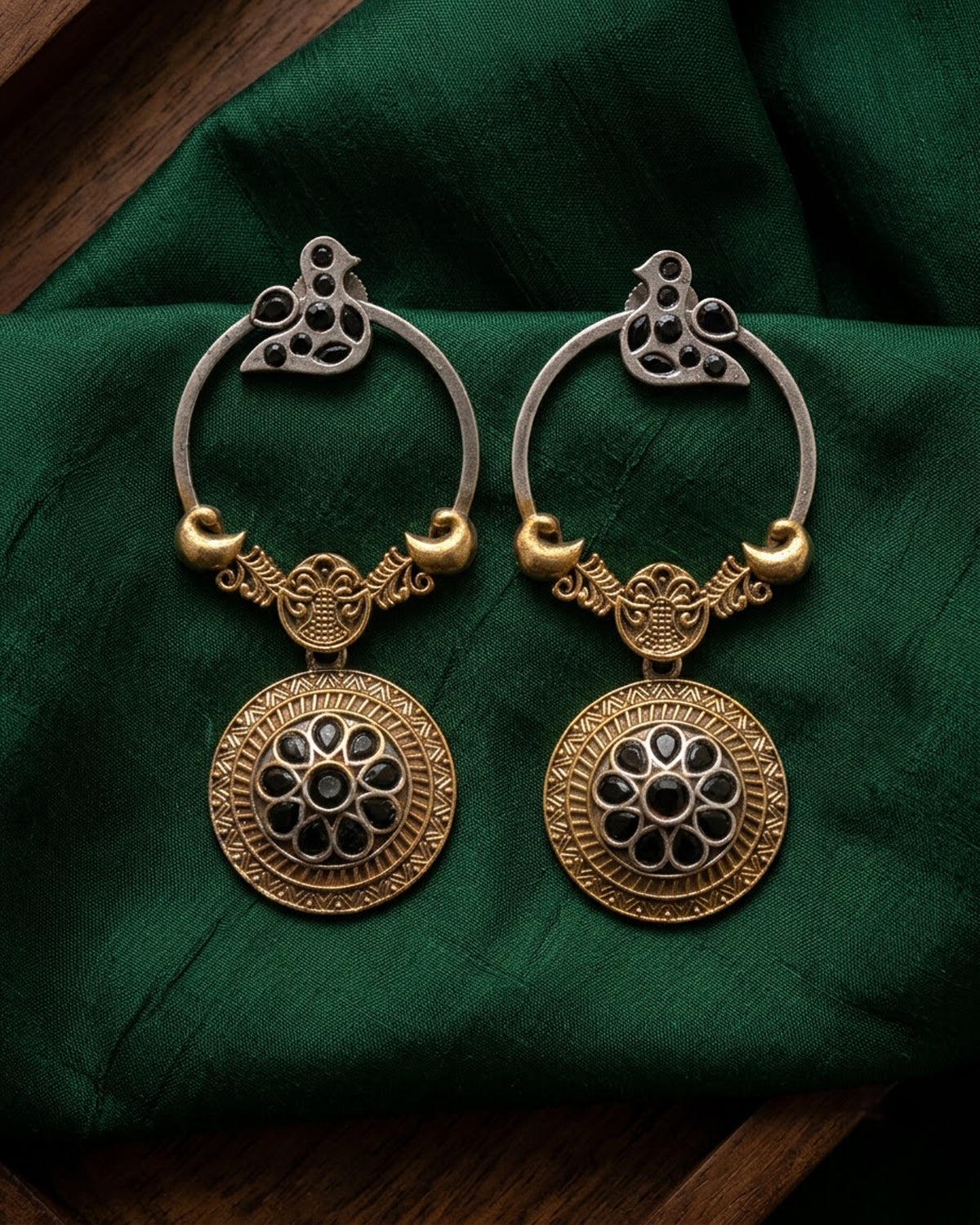 Chidiya Oxidized Dual-Tone Bird Hoop Earrings with Medallion Drop