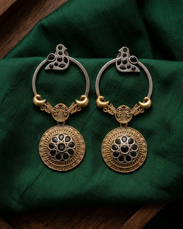 Chidiya Oxidized Dual-Tone Bird Hoop Earrings with Medallion Drop