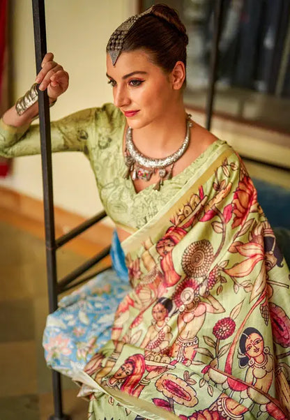 Kalamkari Digital Printed Semi Chanderi Silk Saree - Charusheela