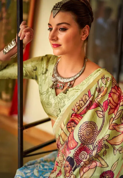 Kalamkari Digital Printed Semi Chanderi Silk Saree - Charusheela