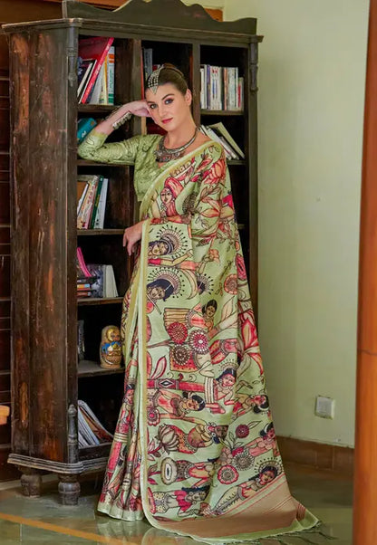 Kalamkari Digital Printed Semi Chanderi Silk Saree - Charusheela