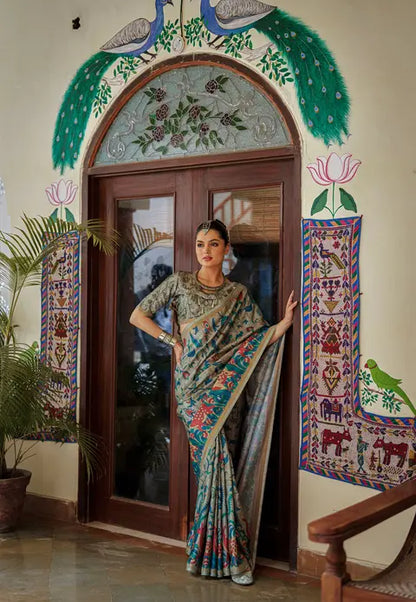 Kalamkari Digital Printed Semi Chanderi Silk Saree - Charita