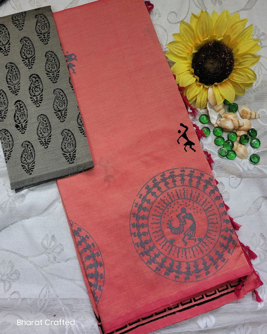 Cotton Mix Block Printed Saree with Contrast Additional Blouse Piece - Pink Warli
