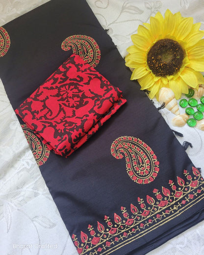 Cotton Mix Block Printed Saree with Contrast Additional Blouse Piece - Florescent Pink Paisley on Black
