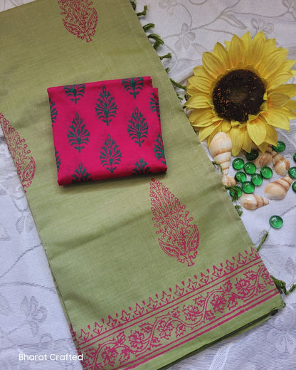 Cotton Mix Block Printed Saree with Contrast Additional Blouse Piece - Pastel Green