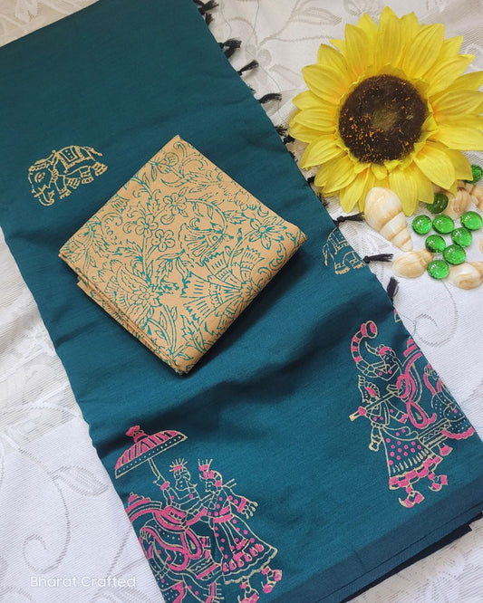 Cotton Mix Block Printed Saree with Contrast Additional Blouse Piece - Shaym Blue Ambari