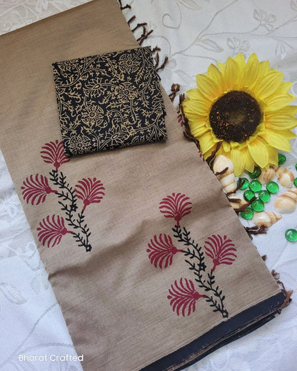 Cotton Mix Block Printed Saree with Contrast Additional Blouse Piece - Dusty Golden Grey Latha