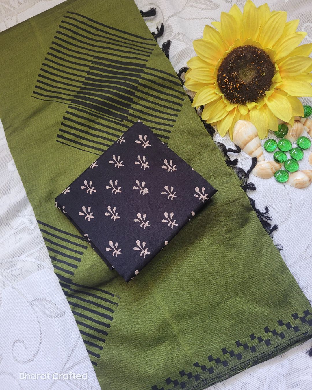 Cotton Mix Block Printed Saree with Contrast Additional Blouse Piece - Geo Stripes Green