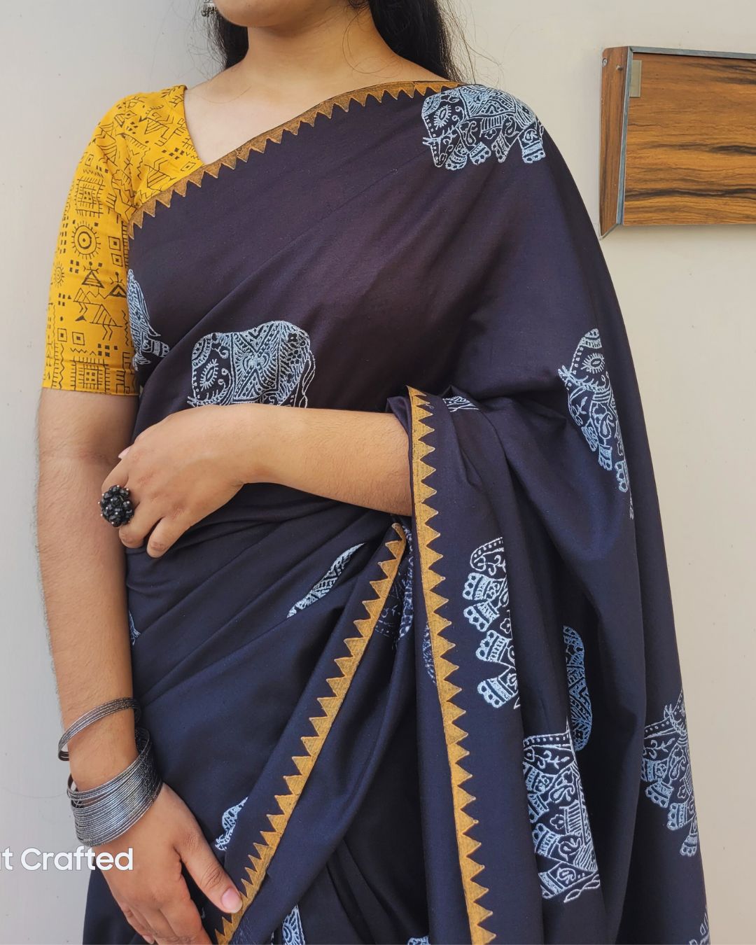 Cotton Mix Block Printed Saree with Contrast Additional Blouse Piece - Black Elephant (Yellow Blouse)