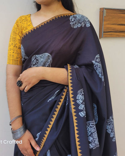 Cotton Mix Block Printed Saree with Contrast Additional Blouse Piece - Black Elephant (Yellow Blouse)