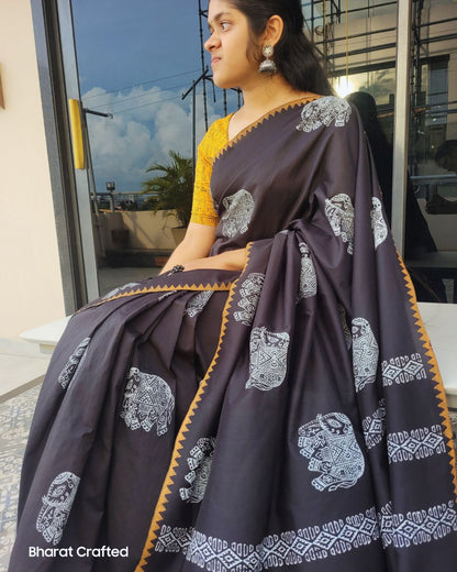 Cotton Mix Block Printed Saree with Contrast Additional Blouse Piece - Black Elephant (Yellow Blouse)