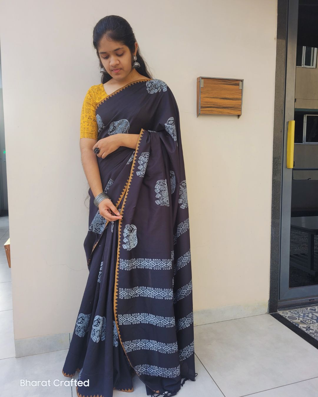 Cotton Mix Block Printed Saree with Contrast Additional Blouse Piece - Black Elephant (Yellow Blouse)
