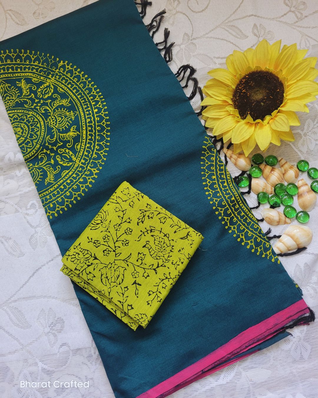Cotton Mix Block Printed Saree with Contrast Additional Blouse Piece - Florescent Green Chakra