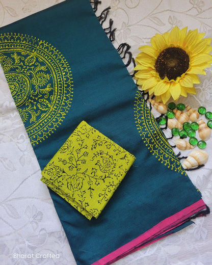 Cotton Mix Block Printed Saree with Contrast Additional Blouse Piece - Florescent Green Chakra