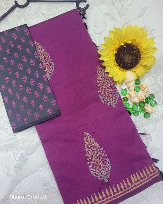 Cotton Mix Block Printed Saree with Contrast Additional Blouse Piece - Purple Motif