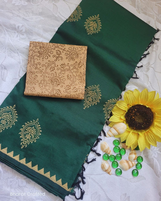 Cotton Mix Block Printed Saree with Contrast Additional Blouse Piece - Dark Green