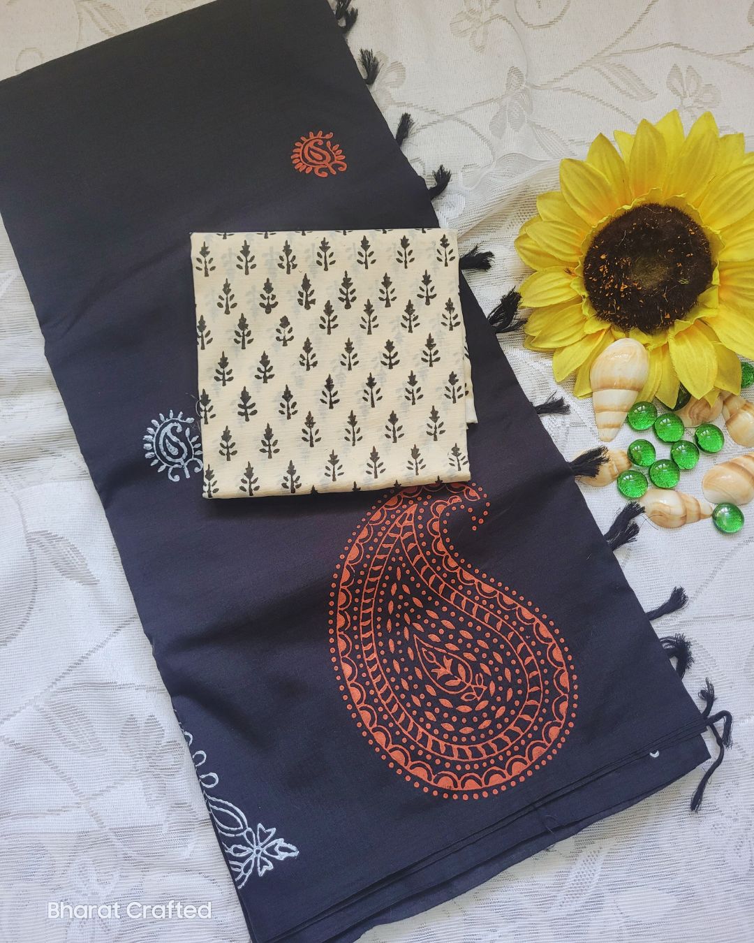 Cotton Mix Block Printed Saree with Contrast Additional Blouse Piece - Black Orange Paisley