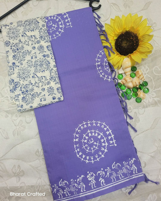 Cotton Mix Block Printed Saree with Contrast Additional Blouse Piece - Lilac Warli