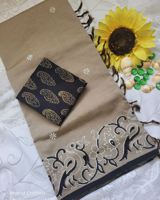 Cotton Mix Block Printed Saree with Contrast Additional Blouse Piece - Golden Grey Parrot Border