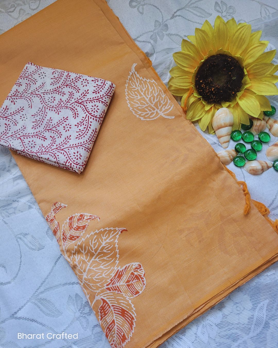 Cotton Mix Block Printed Saree with Contrast Additional Blouse Piece - Orange Champa
